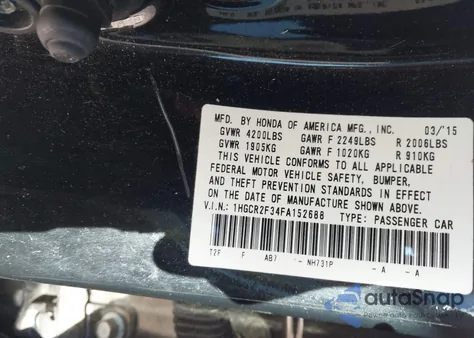 2015 Honda Accord Lx z USA, uszkodzony, nr VIN 1HGCR2F34FA152688